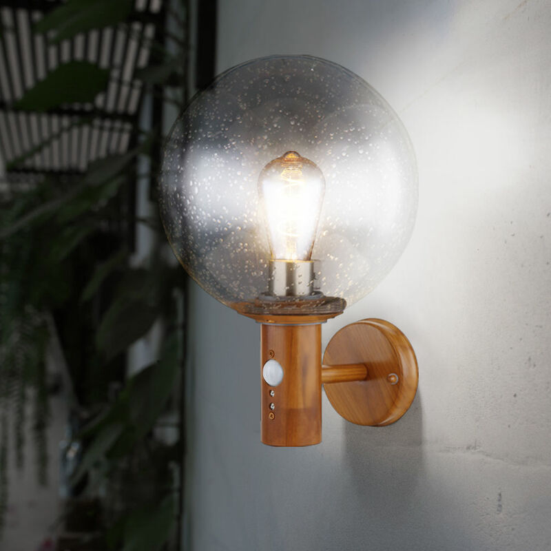 foto del prodotto lampada da esterno lampada da parete con rilevatore di movimento lampada da giardino lampada per facciate in acciaio inox, sfera di vetro trasparente