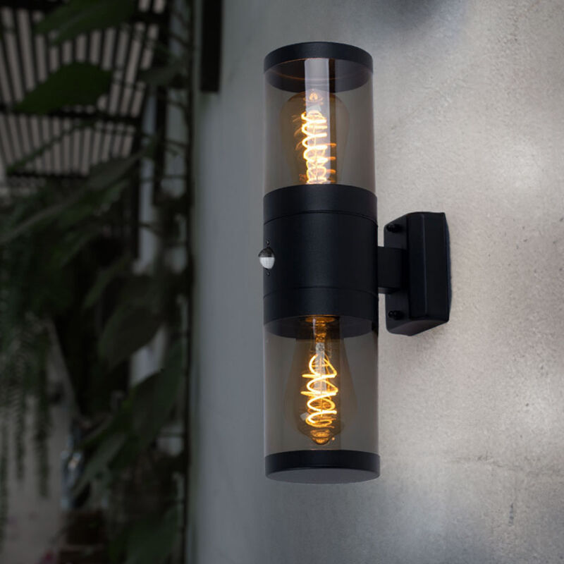 foto del prodotto lampada da esterno, lampada da parete, faretto su e gi , luce per facciate, rilevatore di movimento, acciaio inossidabile, nero, 2x e27, pxh 10,2x42cm