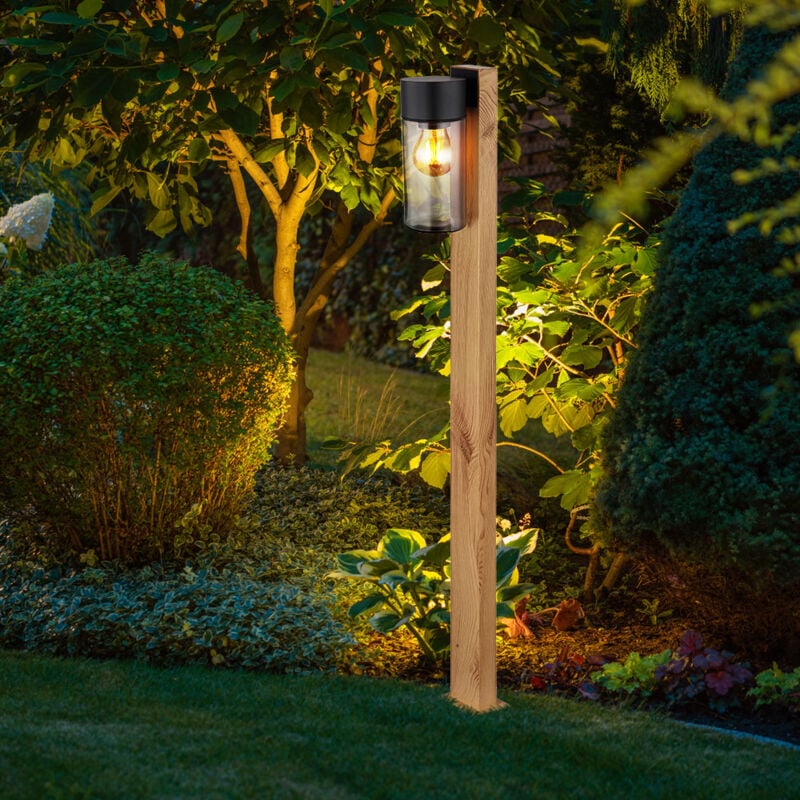 foto del prodotto lampada da esterno, lampada da terra, lampada da giardino, aspetto legno, casa di campagna, vetro in acciaio inossidabile, 1x e27, lxlxa 9x14,5x100 cm