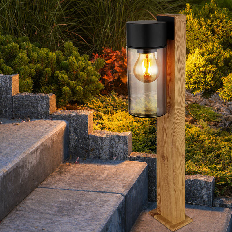 foto del prodotto lampada da esterno lampada da terra, moderna, casa di campagna, aspetto legno, vetro fum , acciaio inossidabile, nero, opaco, e27, lxlxa 14,5x9x50 cm