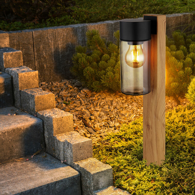 foto del prodotto lampada da esterno lampada da terra, moderna, casa di campagna, aspetto legno, vetro fum , acciaio inossidabile, nero, opaco, e27, lxlxa 14,5x9x50 cm