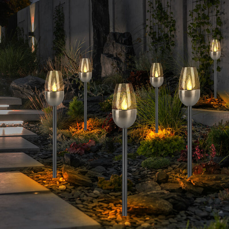 foto del prodotto lampada da esterno, lampada solare plug in, torcia da giardino con effetto fuoco, lampada da terrazza, batteria, metallo, led, dxh 6x38cm, set da 6