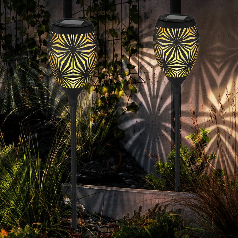 foto del prodotto lampada da esterno nera, lampada plug in, lampada solare da giardino, segnapasso, picchetto, punzonatura decorativa, oro, led, pxh 11x58 cm, set da 2