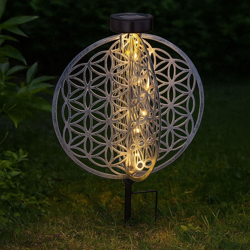 foto del prodotto lampada da giardino antica palla solare solare orientale lampada solare da giardino argento, motivo ad effetto luce fiore della vita, 1x led bianco