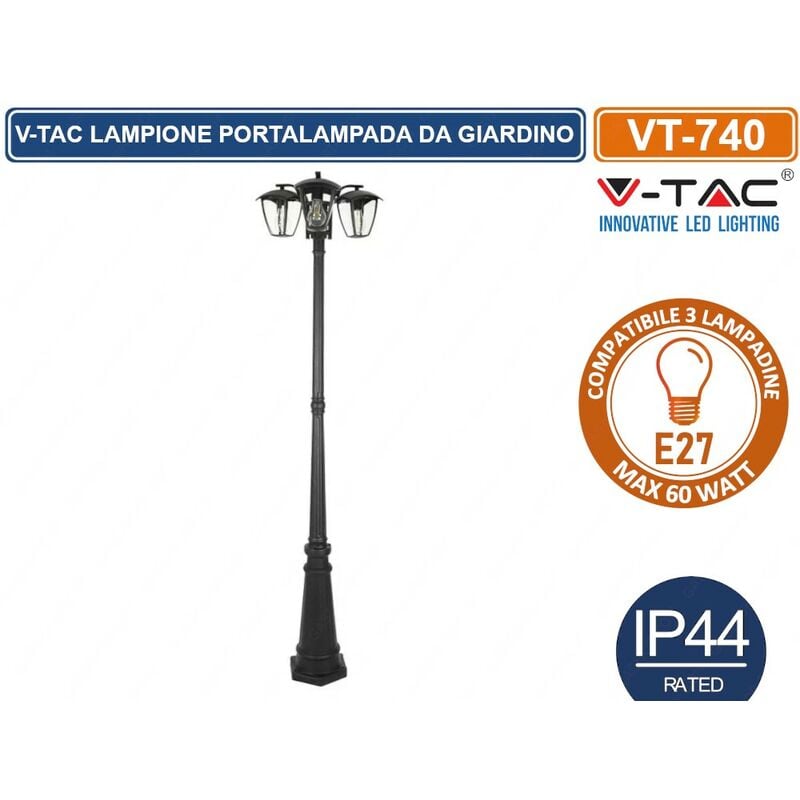 foto del prodotto lampada da giardino attacco 3xe27 in alluminio vetro colore nero vt 740 7063 v tac