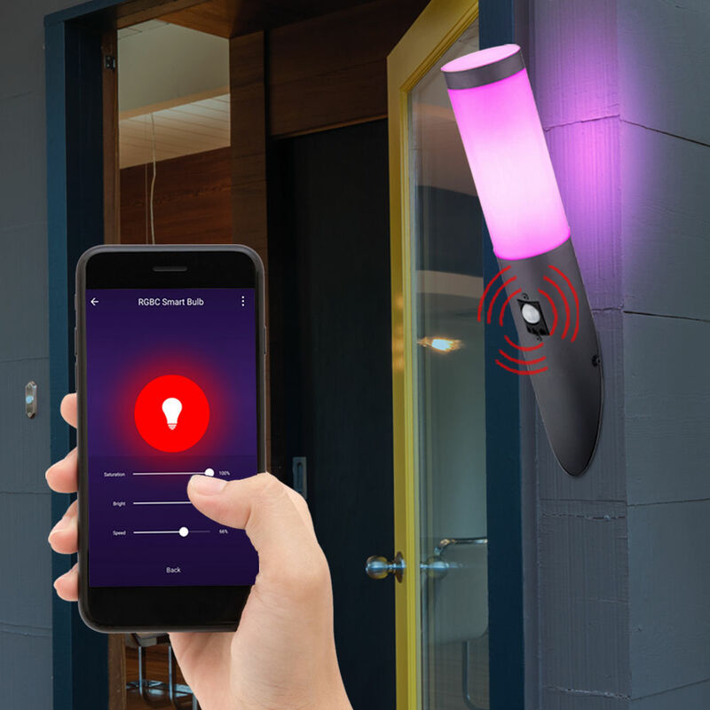 foto del prodotto lampada da giardino con sensore di controllo vocale per app per applique da parete per esterni dimmerabile in un set che include lampadine a led rgb