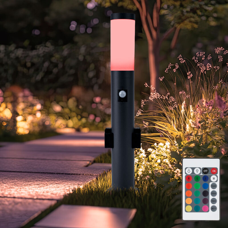 foto del prodotto lampada da giardino, dimmerabile con telecomando, segnapasso da esterno con rilevatore di movimento, presa 2x, piantana luminosa, acciaio