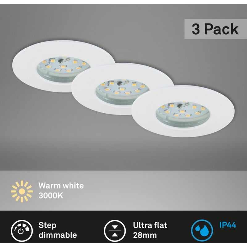 foto del prodotto lampada da incasso a led, set da 3, ultrapiatta dimmerabile 6,5w ip44 bianco 7,5cm briloner