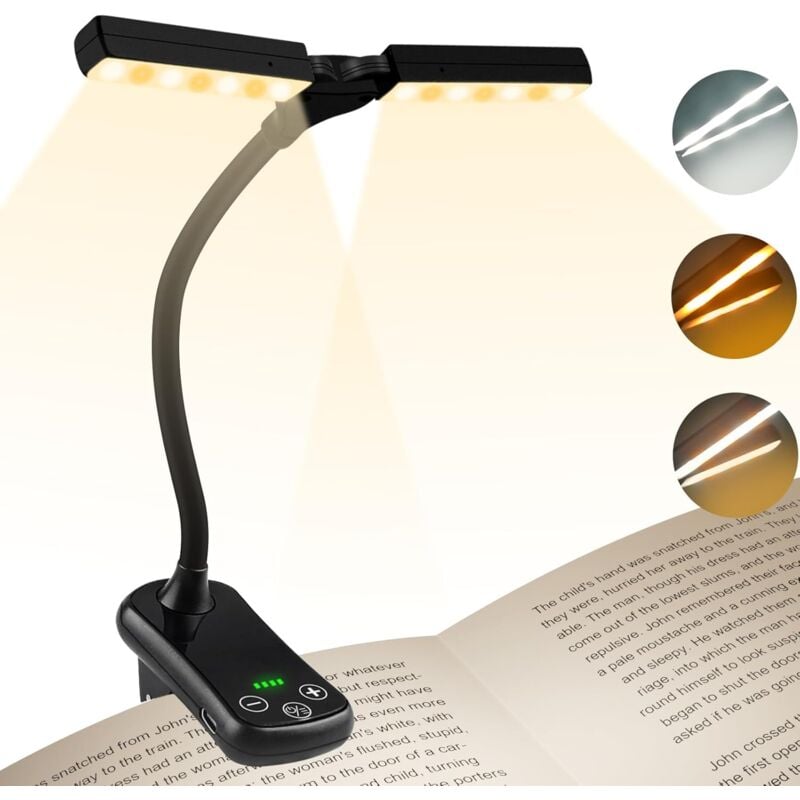 foto del prodotto lampada da lettura a doppia testa, lampada a clip ricaricabile tramite usb, lampada da collo flessibile a 360 , 3 colori e attenuazione continua,
