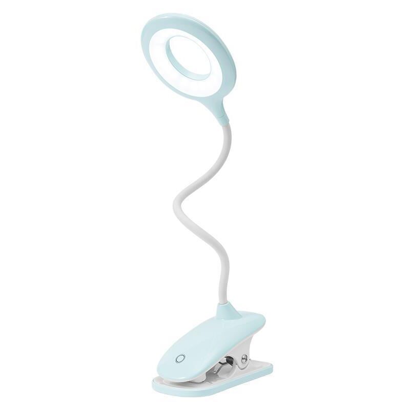 foto del prodotto lampada da lettura a led con clip per scrivania per bambini con collo flessibile, ricaricabile tramite usb, per ereader, studio e lavoro, blu