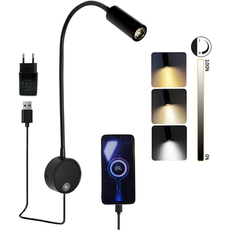 foto del prodotto lampada da lettura a parete a led con interruttore touch, dimmerabile, collo di cigno, lampada da lettura a parete con connessione usb, lampada da