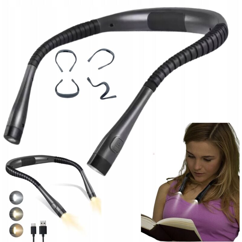 foto del prodotto lampada da lettura da collo a led, 3 colori, batteria flessibile, usb