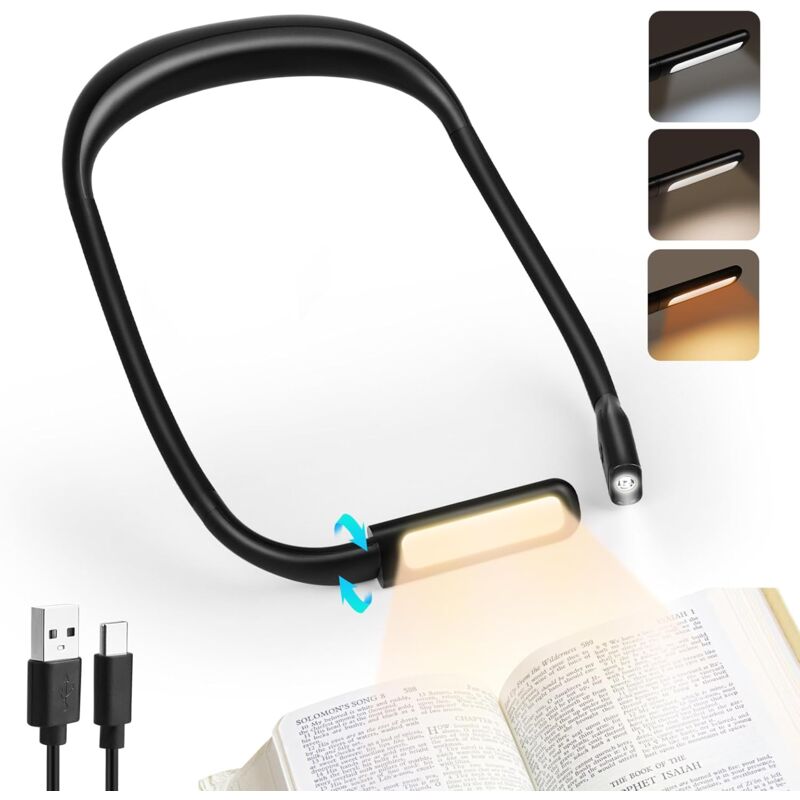 foto del prodotto lampada da lettura da collo, lampada da lettura a led ricaricabile a 3 colori con bracci pieghevoli per leggere, lavorare a maglia, riparare,