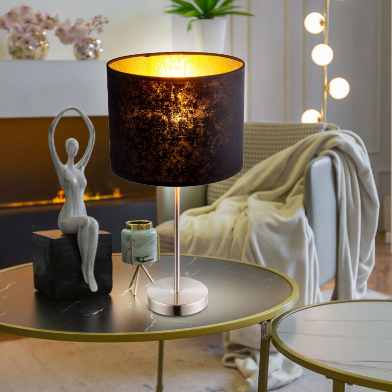 foto del prodotto lampada da lettura, lampada da tavolo per soggiorno, interruttore, illuminazione tessile, colore nero oro