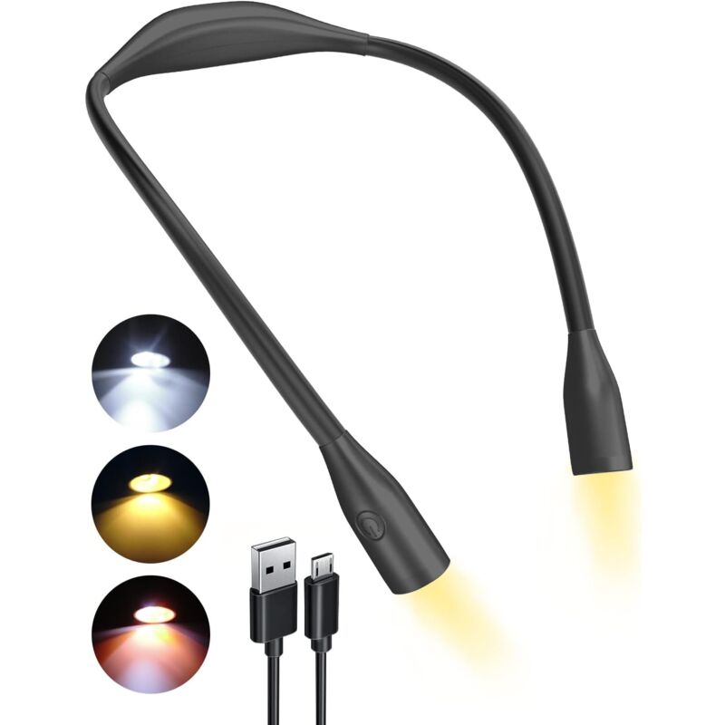 foto del prodotto lampada da lettura ricaricabile per collo, lampada da lettura notturna a led a 3 colori per protezione degli occhi intorno al collo, lampada da collo