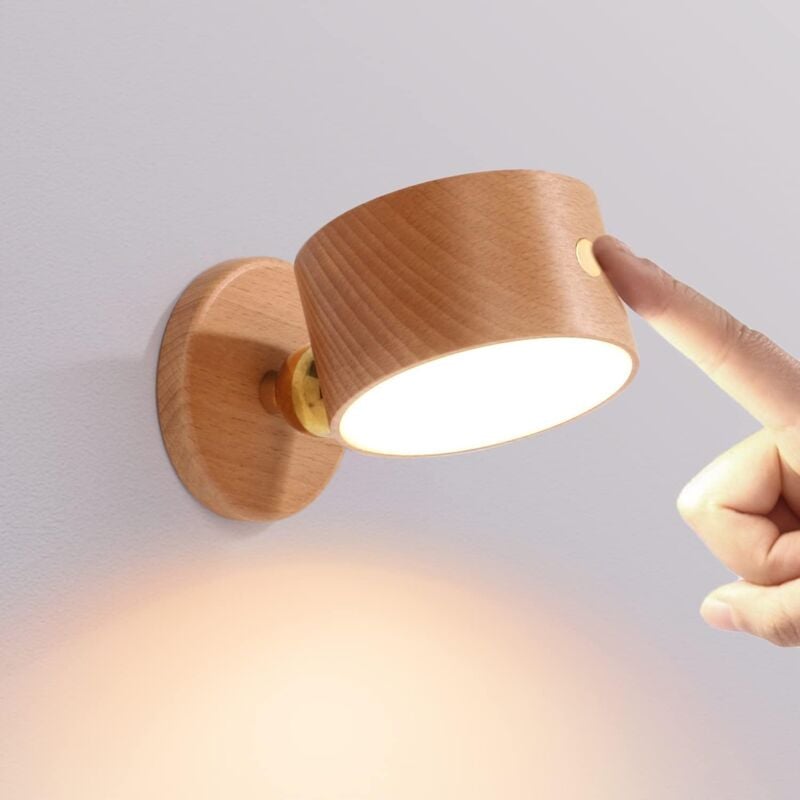 foto del prodotto lampada da parete a batteria in legno, lampada da parete a led per interni con interruttore touch, batteria da 1500 mah, rotazione a 360 ,