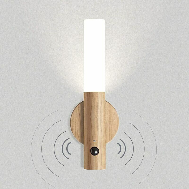 foto del prodotto lampada da parete a led in legno vintage lampada da parete a batteria sensore di movimento lampada da notte magnetica ricaricabile tramite usb senza