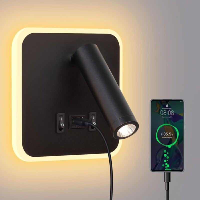 foto del prodotto lampada da parete a led lampada da lettura da parete per letto, lampada da parete a led con interruttore e ricarica usb, lampada da parete 3w 4000k
