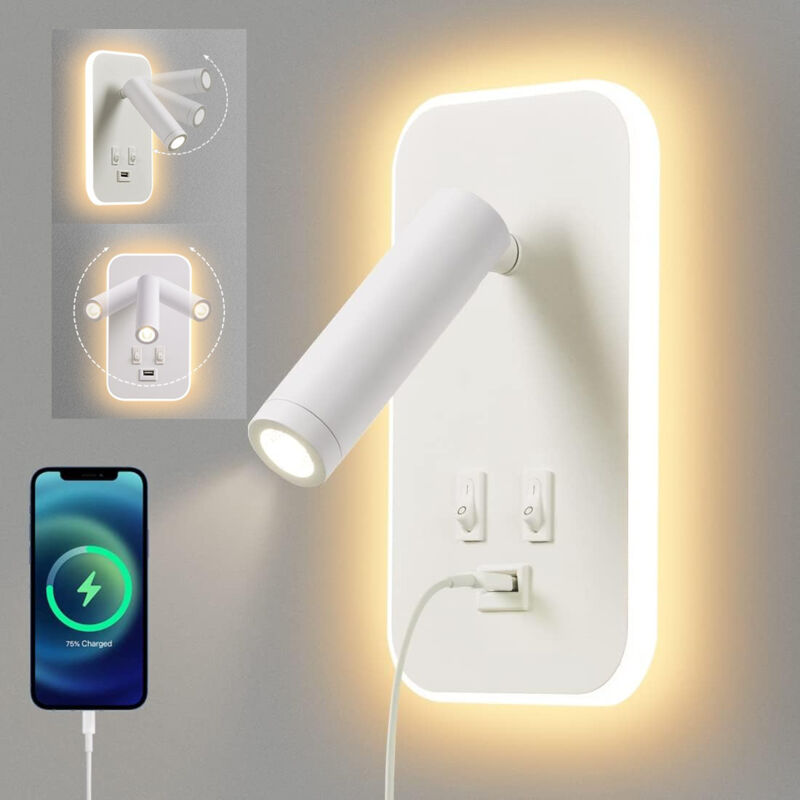 foto del prodotto lampada da parete a led, luce da lettura sul comodino con interruttore, porta di ricarica usb, illuminazione ambientale regolabile per camera da