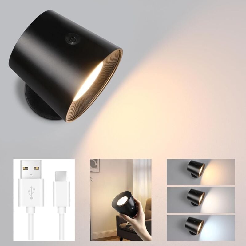 foto del prodotto lampada da parete a led per interni a batteria senza collegamento elettrico con lampada da lettura dimmerabile touch ruotabile a 360 lampada da