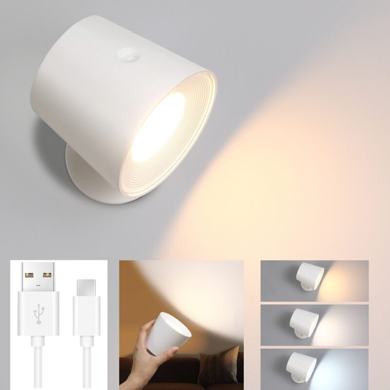 foto del prodotto lampada da parete a led per interni a batteria senza collegamento elettrico con lampada da lettura dimmerabile touch ruotabile a 360 lampada da