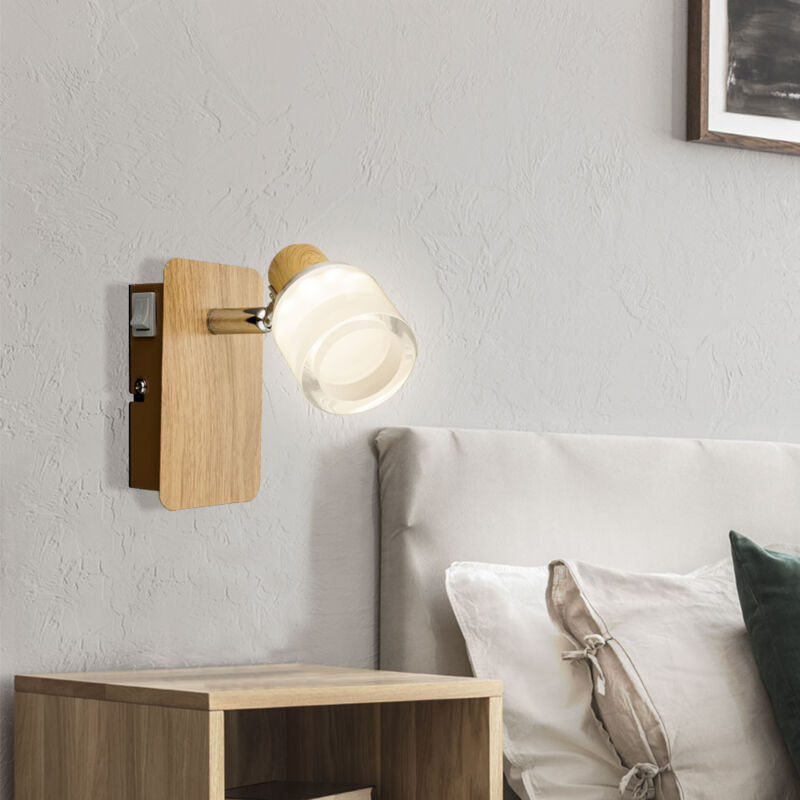 foto del prodotto lampada da parete a led per interni, lampada in legno cromato, acrilico opale, spot mobile, 1x 5w 380lm 3000k, axlxp 12x7x11,5 cm