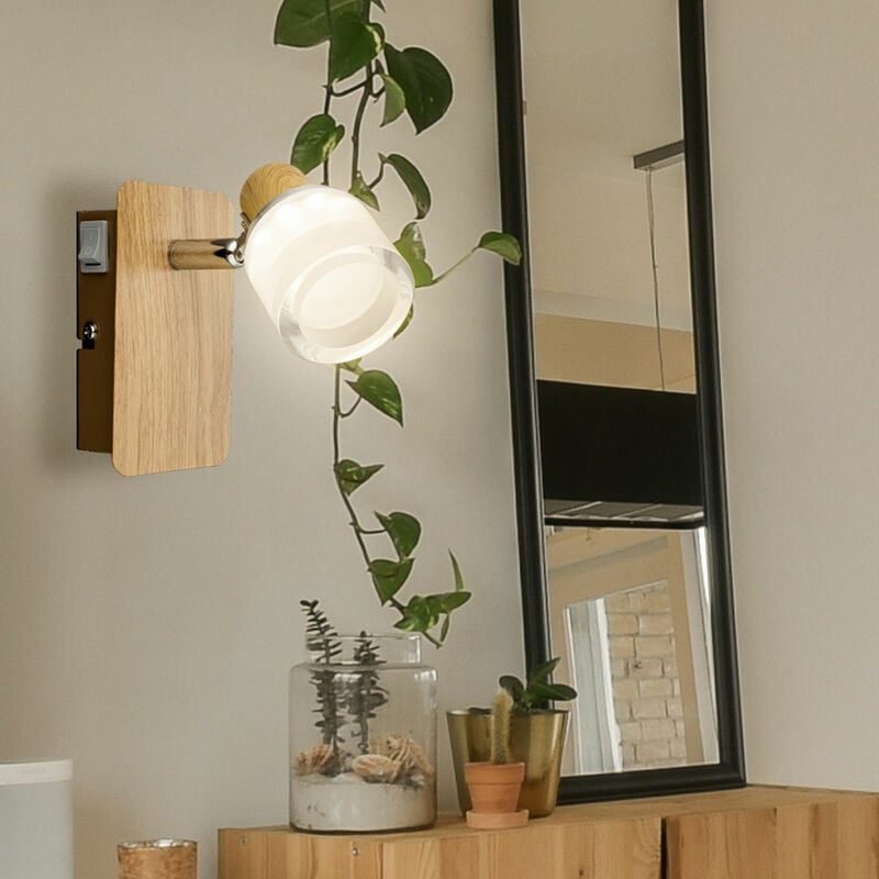 foto del prodotto lampada da parete a led per interni, lampada in legno cromato, acrilico opale, spot mobile, 1x 5w 380lm 3000k, axlxp 12x7x11,5 cm
