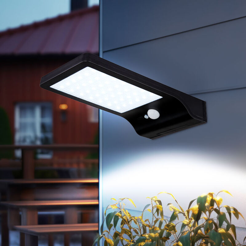 foto del prodotto lampada da parete a luce solare lampada da esterno rilevatore di movimento per posto auto coperto, plastica nera, batteria ip44, led 13000k 250lm