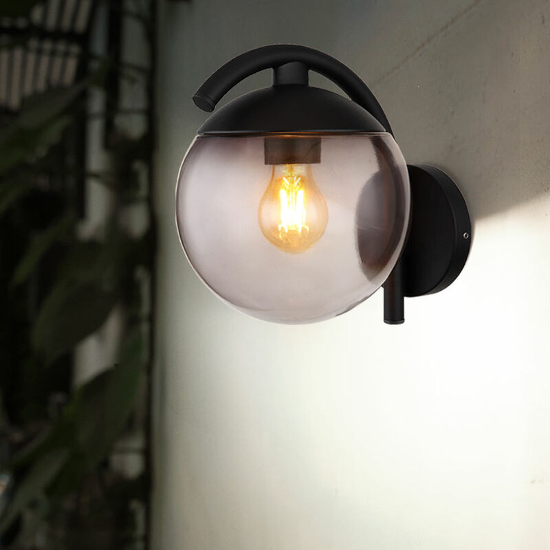 foto del prodotto lampada da parete applique da parete per esterni lampada da terrazza nera sfera di vetro da parete per esterni, ip44 retr , metallo color fumo nero,
