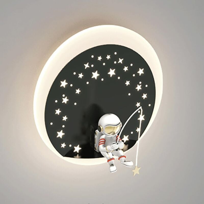 foto del prodotto lampada da parete astronauta per camera da letto dei bambini, lampada da parete in metallo nero con paralume in acrilico bianco, applique moderne a