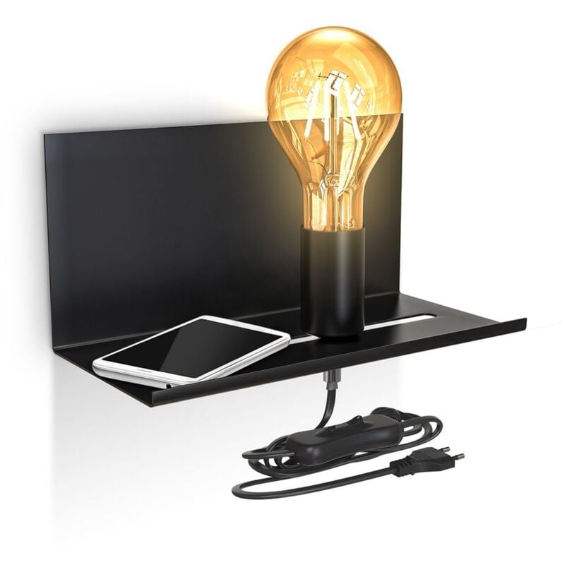 foto del prodotto lampada da parete con mensola, interruttore sul cavo di alimentazione, attacco per lampadina e27 non inclusa, applique retrò per camera, lampada da