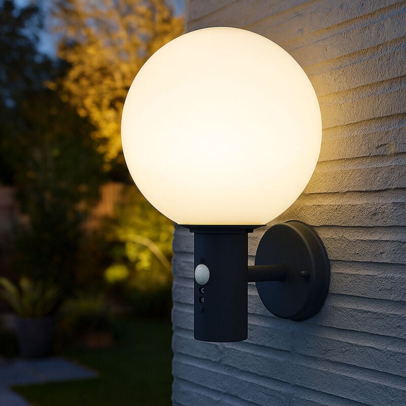foto del prodotto lampada da parete con rilevatore di movimento luce esterna lampada a sfera antracite sensore led applique da parete per casa, vetro in acciaio