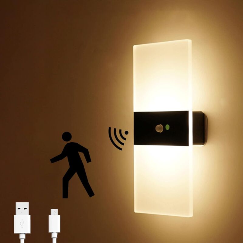foto del prodotto lampada da parete con sensore led, ricaricabile tramite usb, lampada da parete wireless a led alimentata a batteria con sensore di movimento, lampade