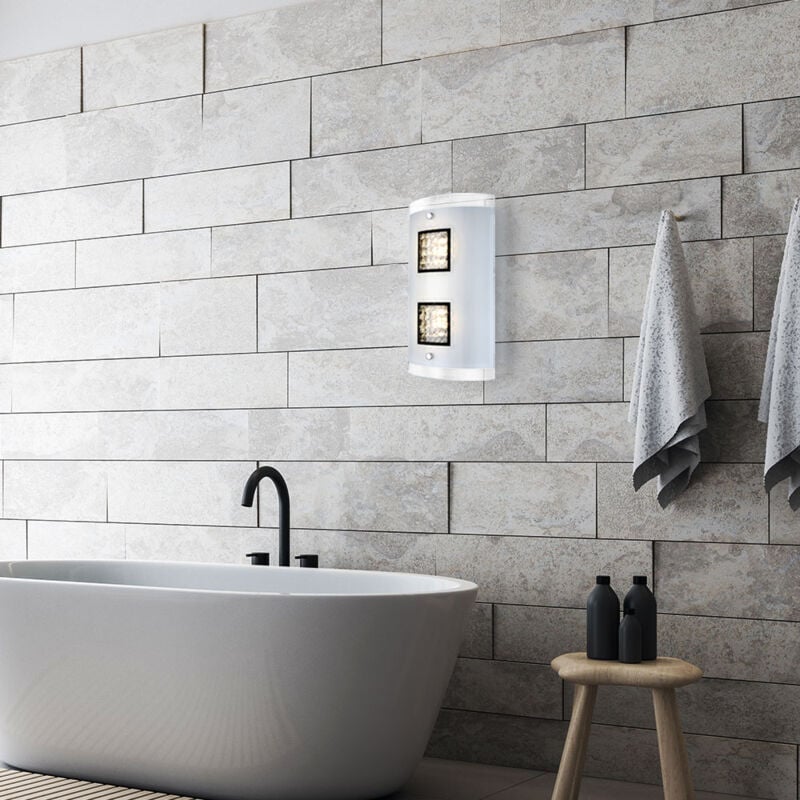foto del prodotto lampada da parete in cristallo, lampada da parete in vetro cromato, soggiorno moderno, metallo, 2x led 5w 251lm bianco caldo, lxh 18x30 cm