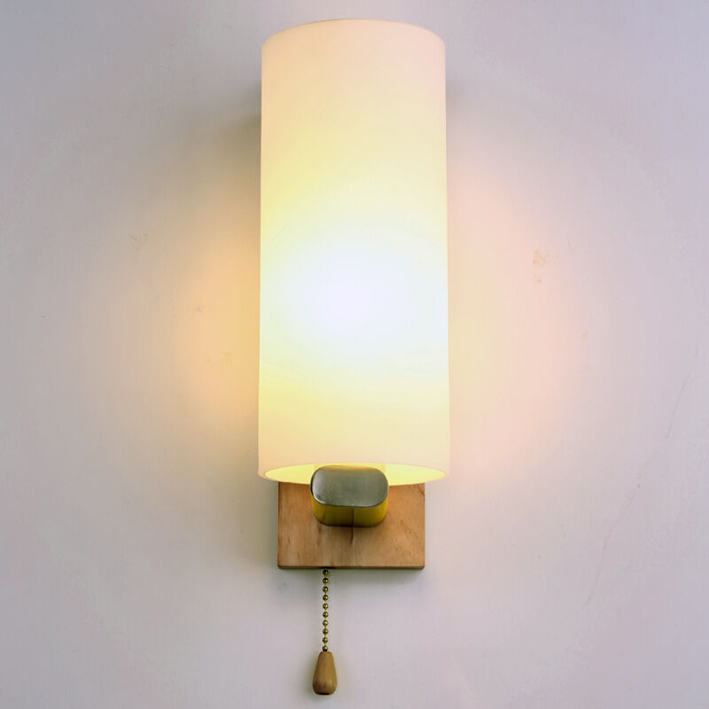immagine 0 del prodotto lampada da parete in legno con interruttore a catena, semplice paralume giapponese in vetro bianco latte, moderna lanterna nordica, lampada da