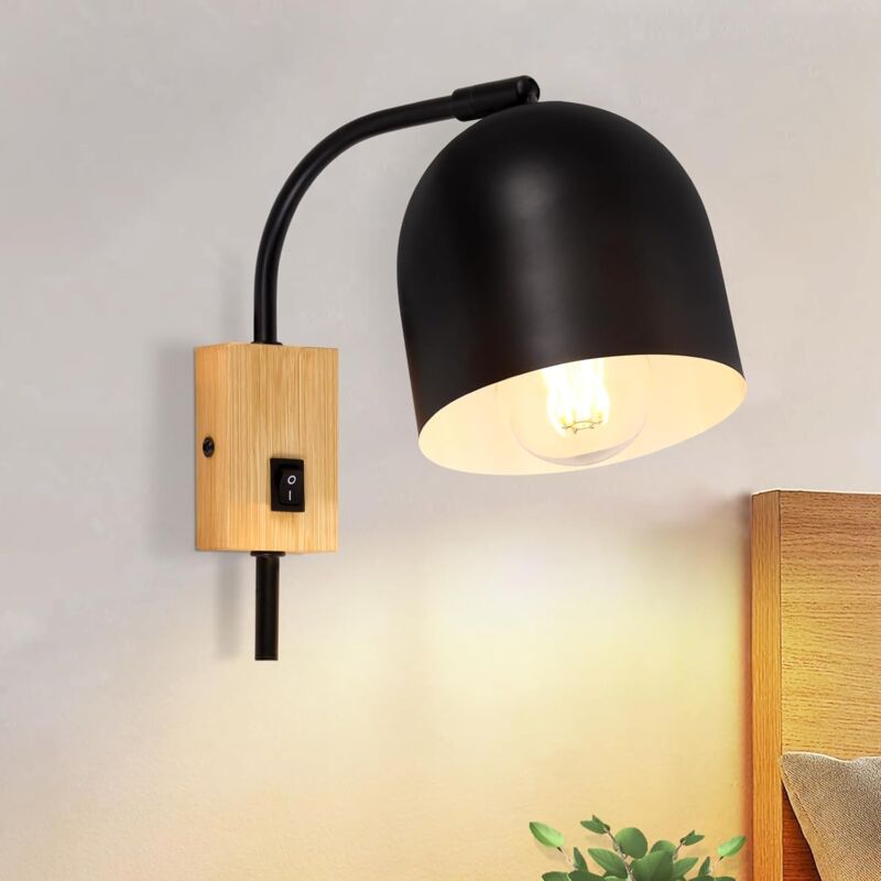 foto del prodotto lampada da parete in legno con interruttore luci da parete lampada da parete vintage interno nero metallo e27 330 rotante lampada da parete per