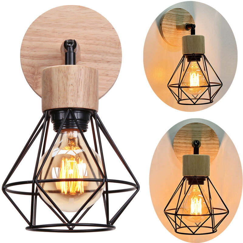 foto del prodotto lampada da parete in legno e27 lampada a muro vintage industriale gabbia diamante metallica e27 40w per soggiorno camera da letto sala da pranzo 1x