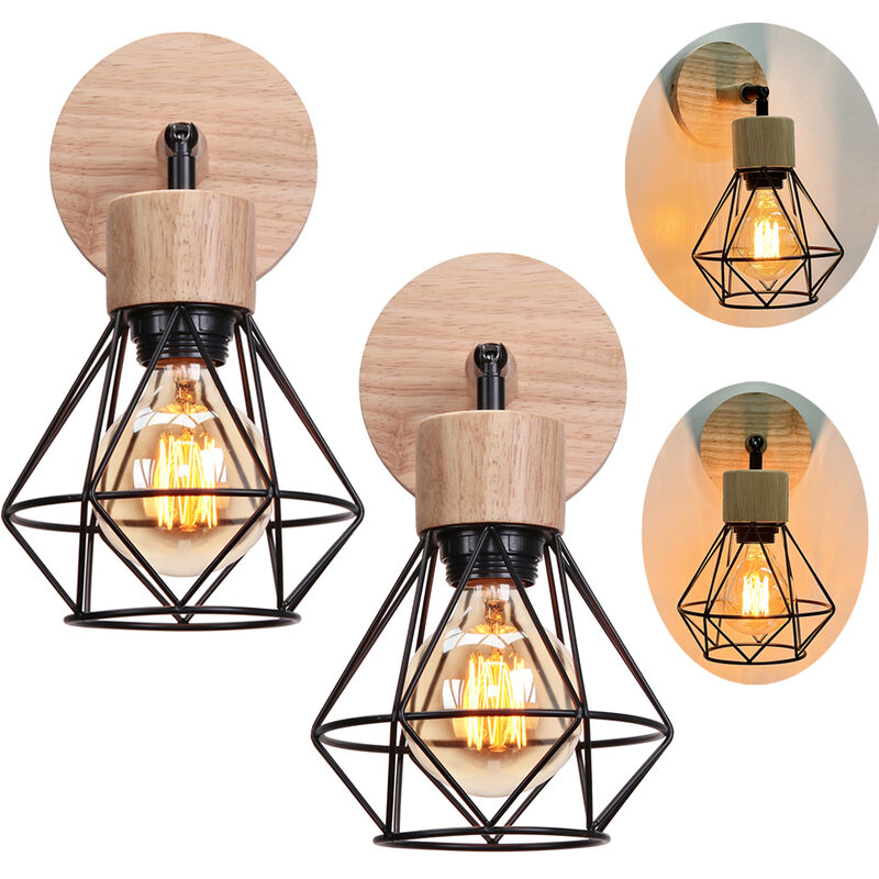 foto del prodotto lampada da parete in legno e27 lampada a muro vintage industriale gabbia diamante metallica e27 40w per soggiorno camera da letto sala da pranzo 2x