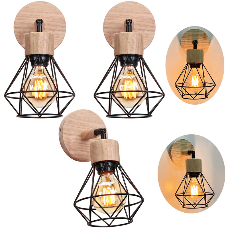 foto del prodotto lampada da parete in legno e27 lampada a muro vintage industriale gabbia diamante metallica e27 40w per soggiorno camera da letto sala da pranzo 3x