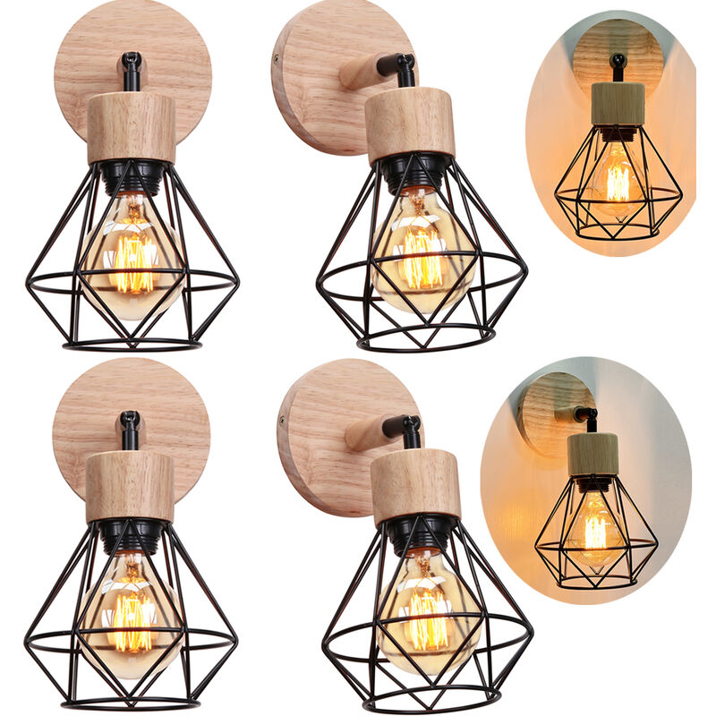 foto del prodotto lampada da parete in legno e27 lampada a muro vintage industriale gabbia diamante metallica e27 40w per soggiorno camera da letto sala da pranzo 4x
