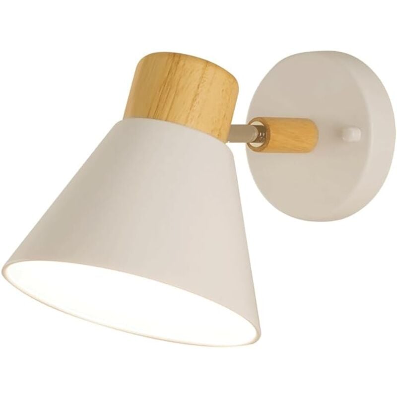 foto del prodotto lampada da parete in metallo bianco, applique industriale in legno, applique da parete sul comodino, lampada e27, applique da parete decorativa per