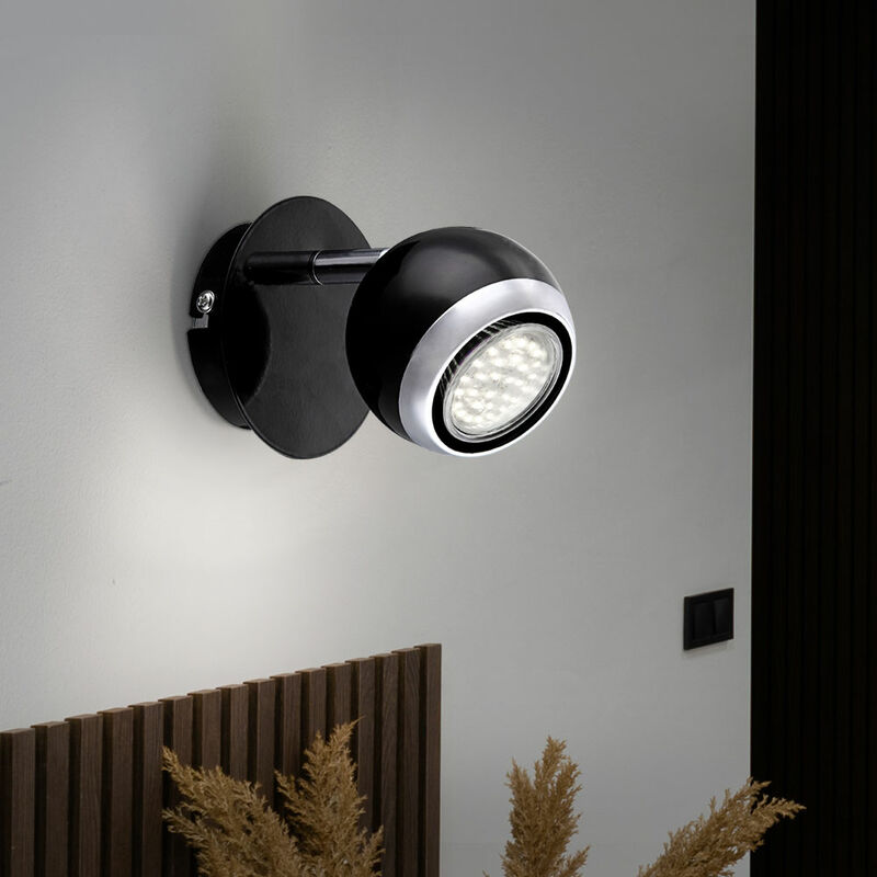 foto del prodotto lampada da parete in metallo cromato spot da parete faretto led orientabile, spot mobile, design ad anello nero, 1x led 3w 250 lm bianco caldo, h