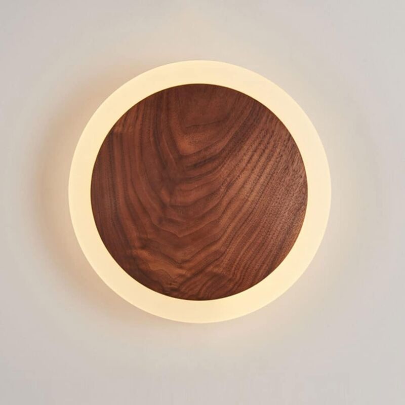 foto del prodotto lampada da parete in noce nordica, lampada da parete rotonda in legno massello, lampada da parete con testiera e paralume in acrilico, illuminazione