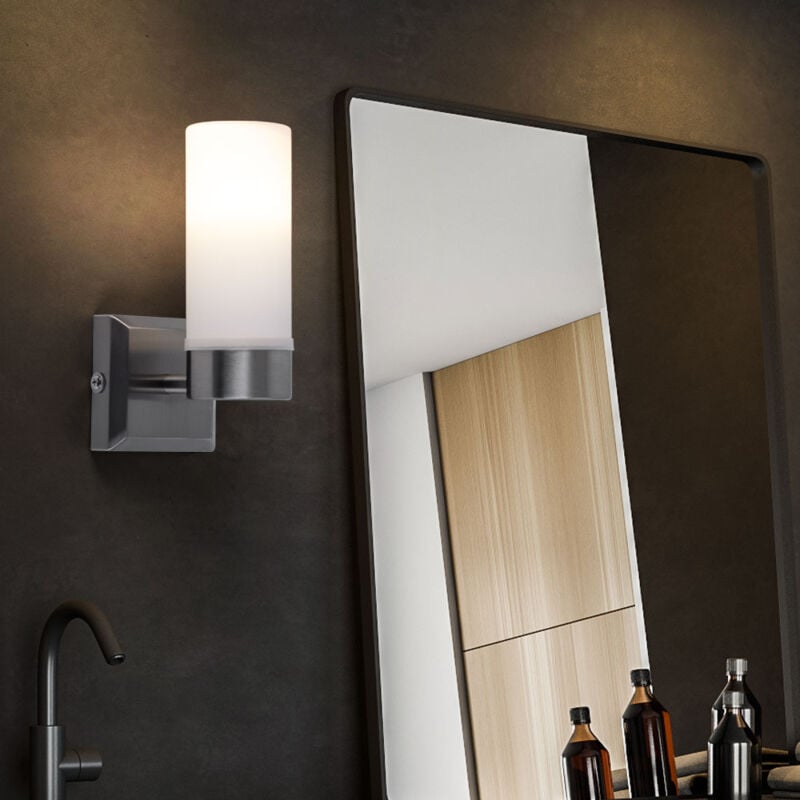 foto del prodotto lampada da parete in vetro ip44 lampada da bagno in vetro opalino, metallo nichel opaco, 1x attacco e14, axp 18,5x11,5 cm