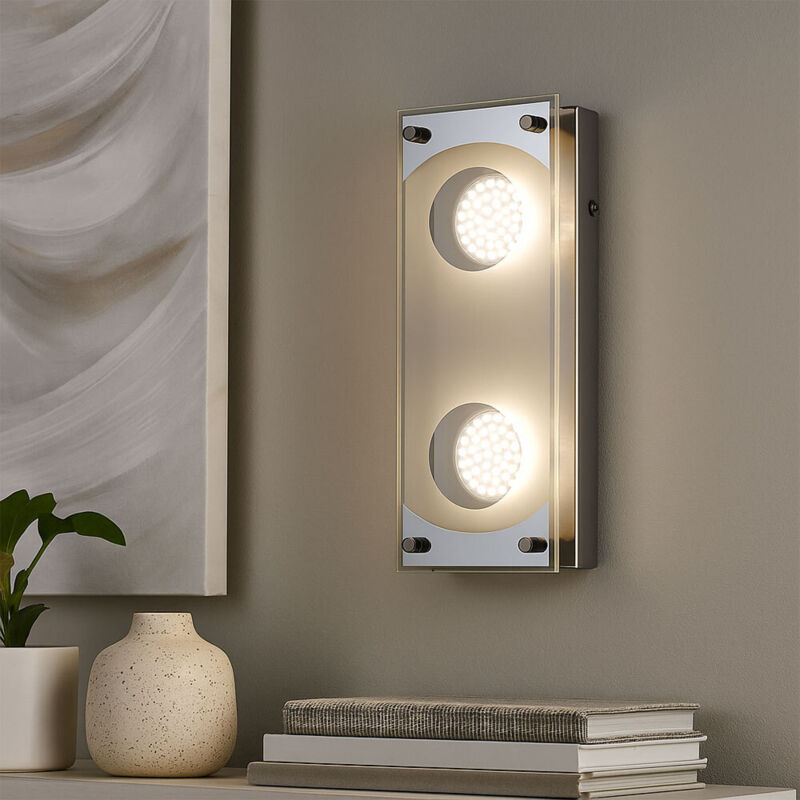 foto del prodotto lampada da parete in vetro lampada da parete cromata da soggiorno, acciaio spazzolato, 2x led 3 watt 260 lumen bianco caldo, l 26 cm
