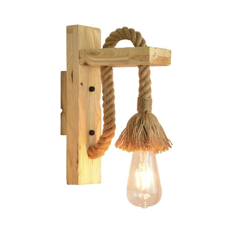 foto del prodotto lampada da parete industriale vintage, applique in legno rustico vintage, paralume in gabbia di metallo nero, lampada da parete sospesa in corda di