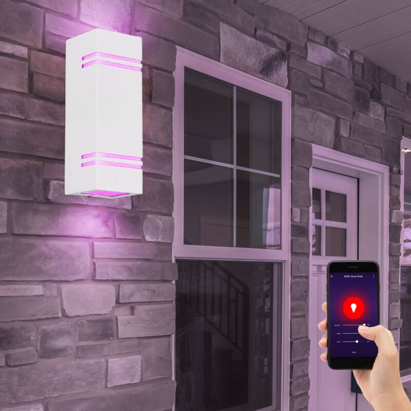 foto del prodotto lampada da parete intelligente per esterni dimmerabile per porta d ingresso, lampada da parete up down bianca, controllo app cct, led rgb 2x 4,5 w