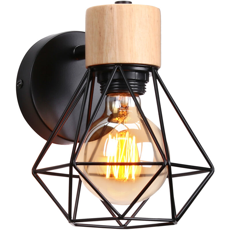 foto del prodotto lampada da parete interni, industriale stile applique in metallo e legno, illuminazione da parete gabbia diamante regolabile 180 per soggiorno