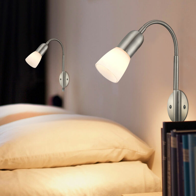 foto del prodotto lampada da parete lampada da lettura lampada da parete flexo camera da letto letto con cavo, punto mobile, metallo nichel vetro bianco, 1x attacco