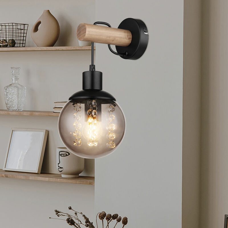 foto del prodotto lampada da parete lampada da parete a sospensione lampada da corridoio lampada in legno, sfera di vetro fumo cristalli metallo nero, 1x e27, lxa 15 x
